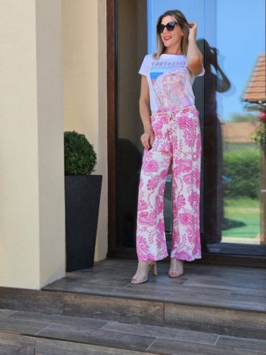Pink mintás nyári hosszúnadrág megkötővel