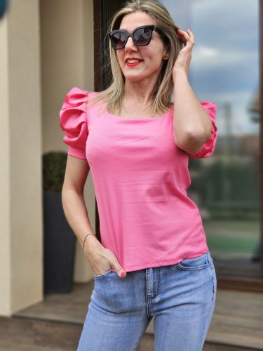 Pink bordázott, puffos ujjú felső