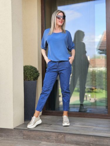 Victoria kék 3/4-es ujjú laza szabású gumis aljú felső 