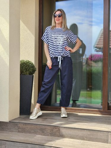 Bella kék csíkos mintás laza megktős felső