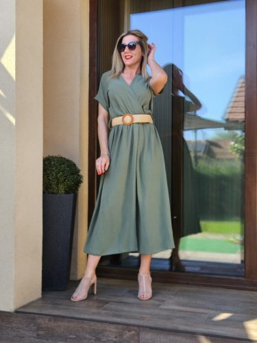 Detti khaki laza V-nyakú ruha övvel