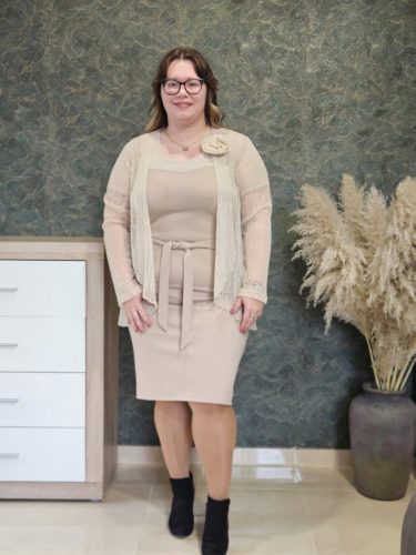 Anikó bézs rövid ujjú ruha kardigánnal